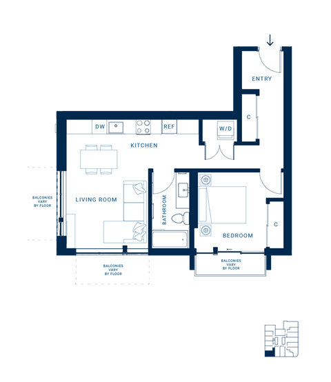 Floor plan for 1 bed, 1 bath, 518 sqft